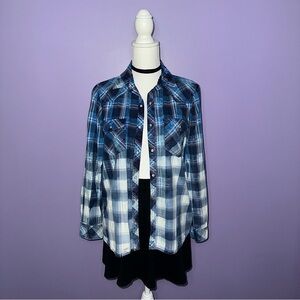 Upcycled Earl Jeans Blue Plaid Button-Up Shirt